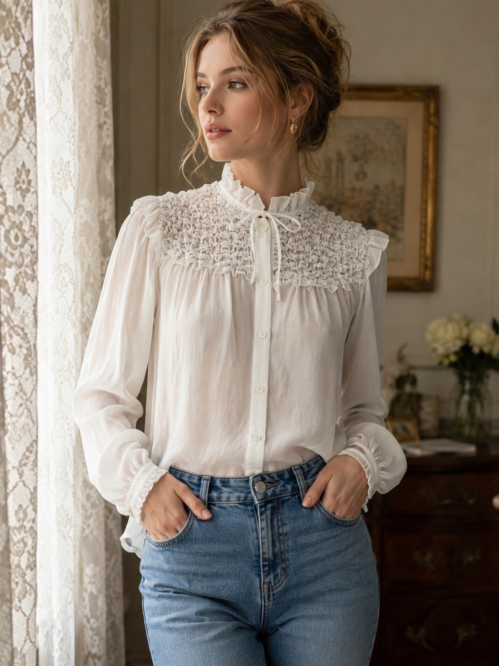 Wilfred Ivory Chiffon Victorian Blouse Size XS